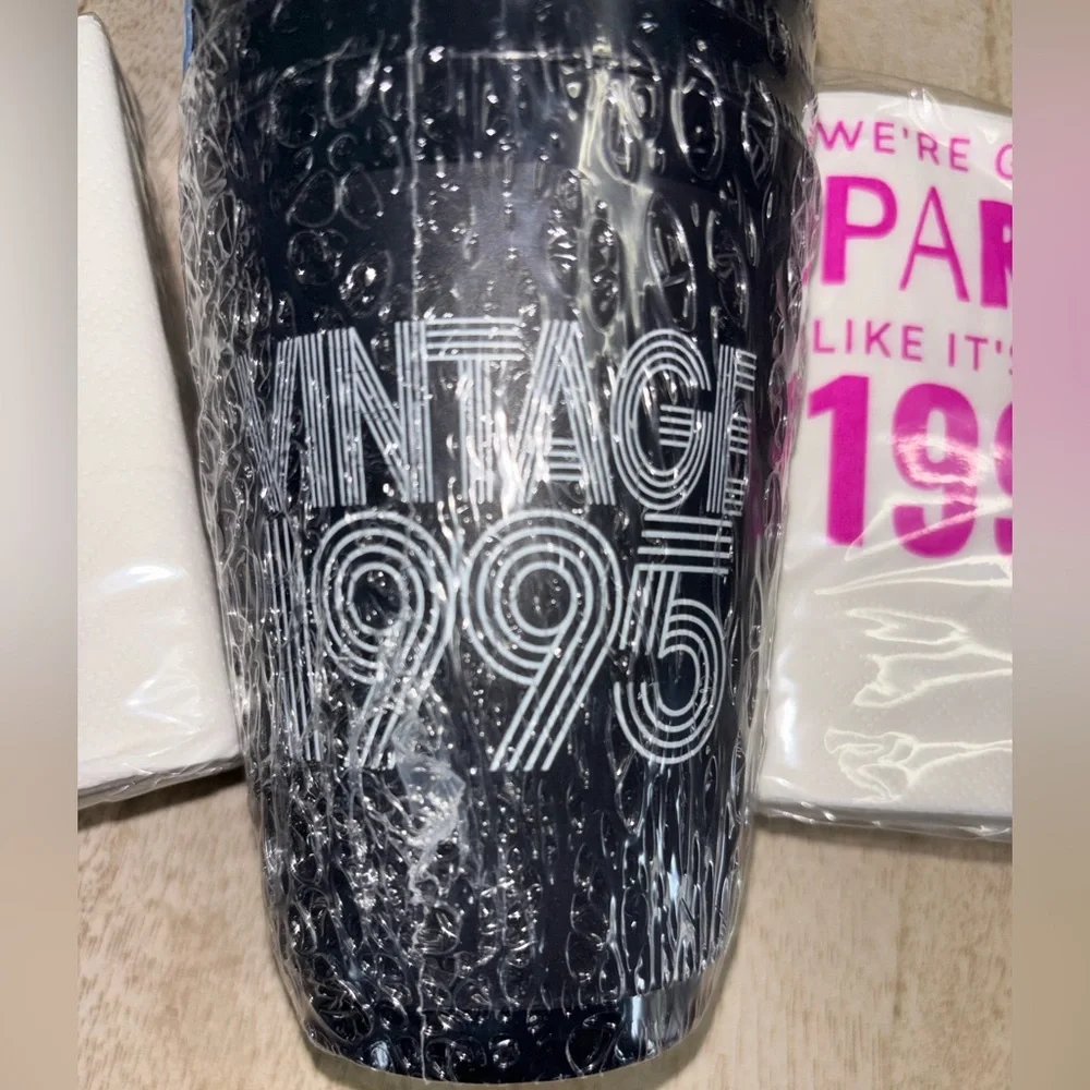Vintage 1995 Black Party Cup and White Pink Napkin Set